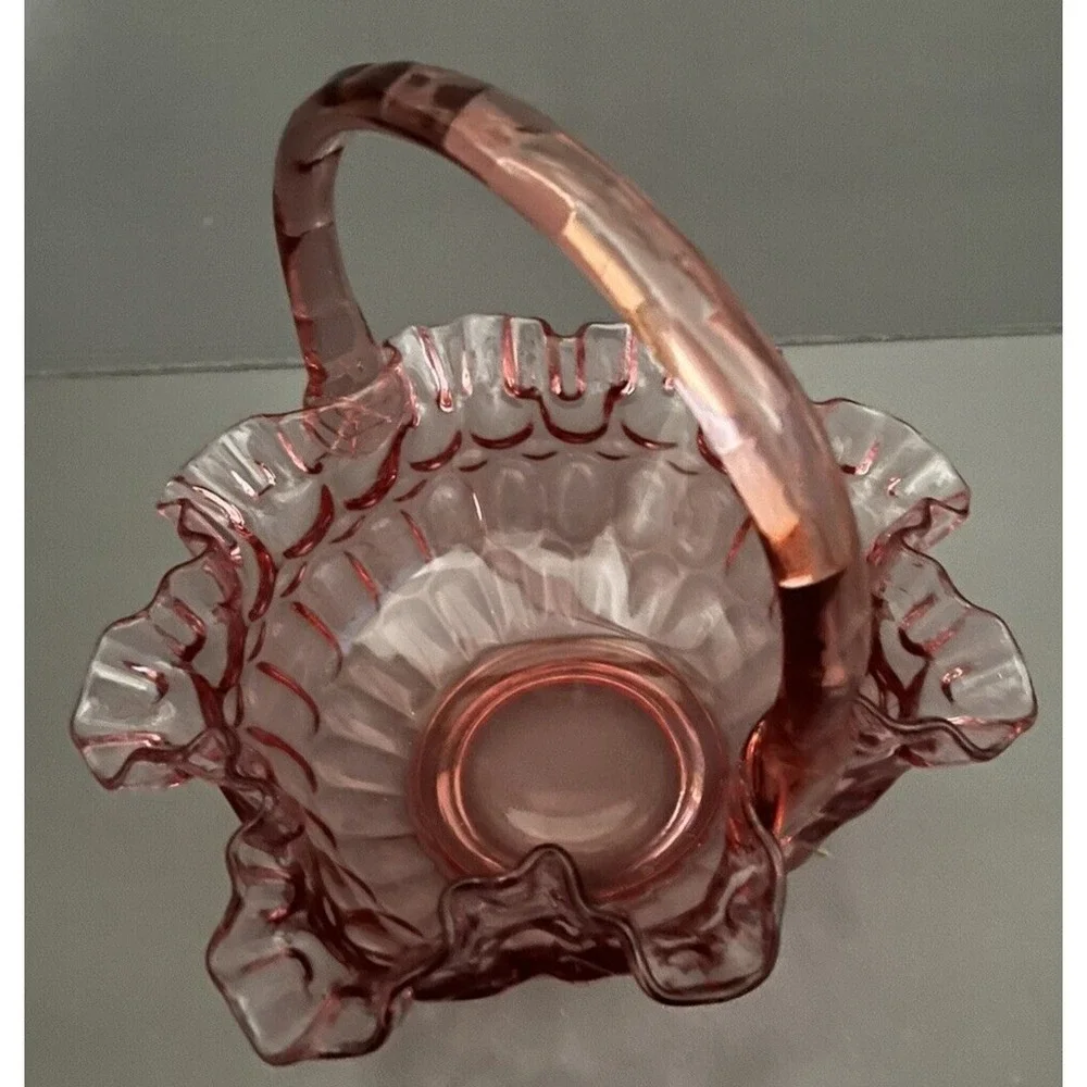 Fenton Cranberry Pink Basket Ruffled Edge Glass Applied Handle Thumbprint VTG